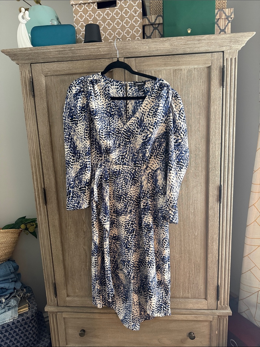 Express Blue and Cream Abstract Midi Wrap Dress